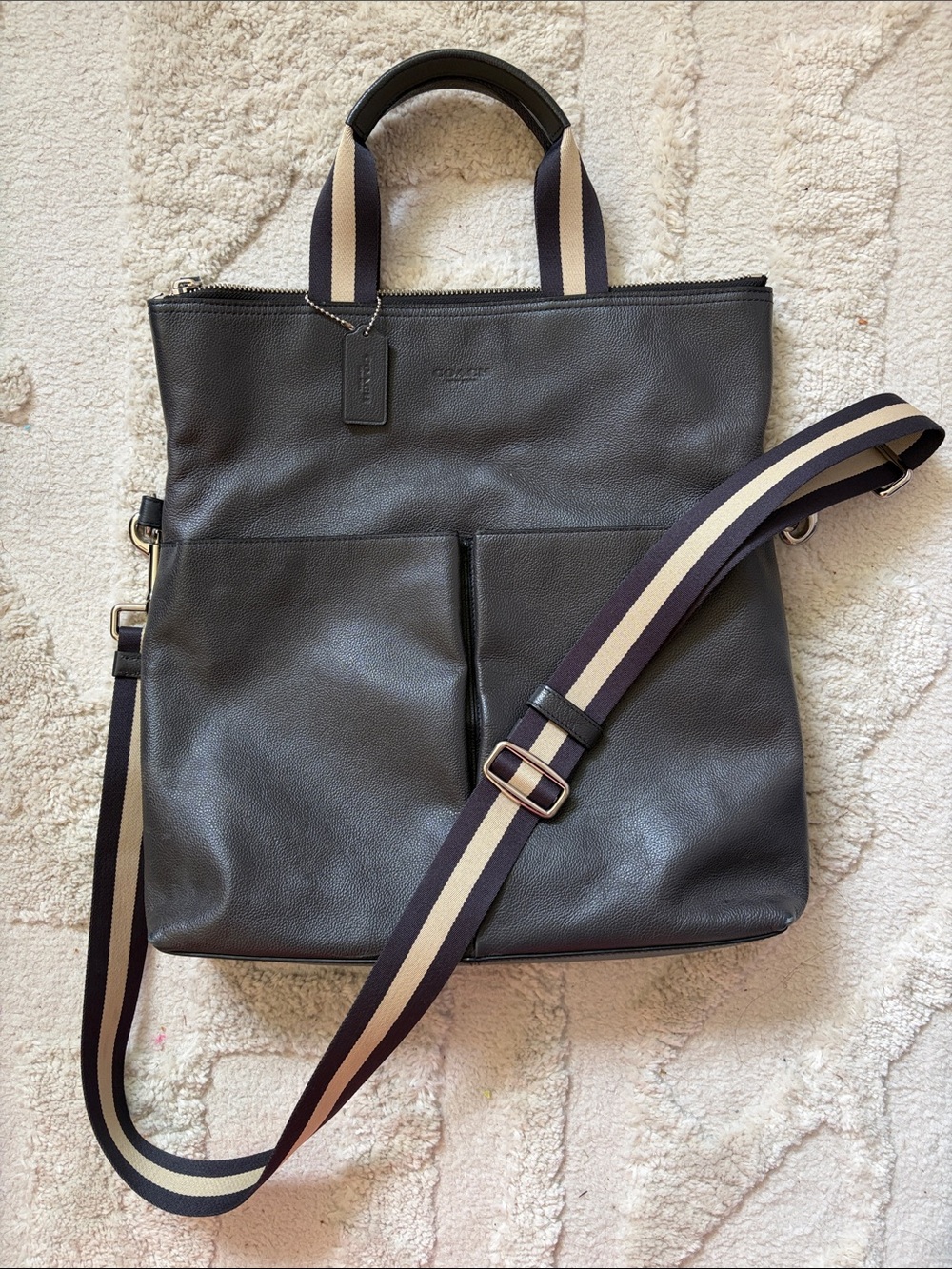 Coach Dark Grey Pebbled Leather Tote with Striped Canvas Strap